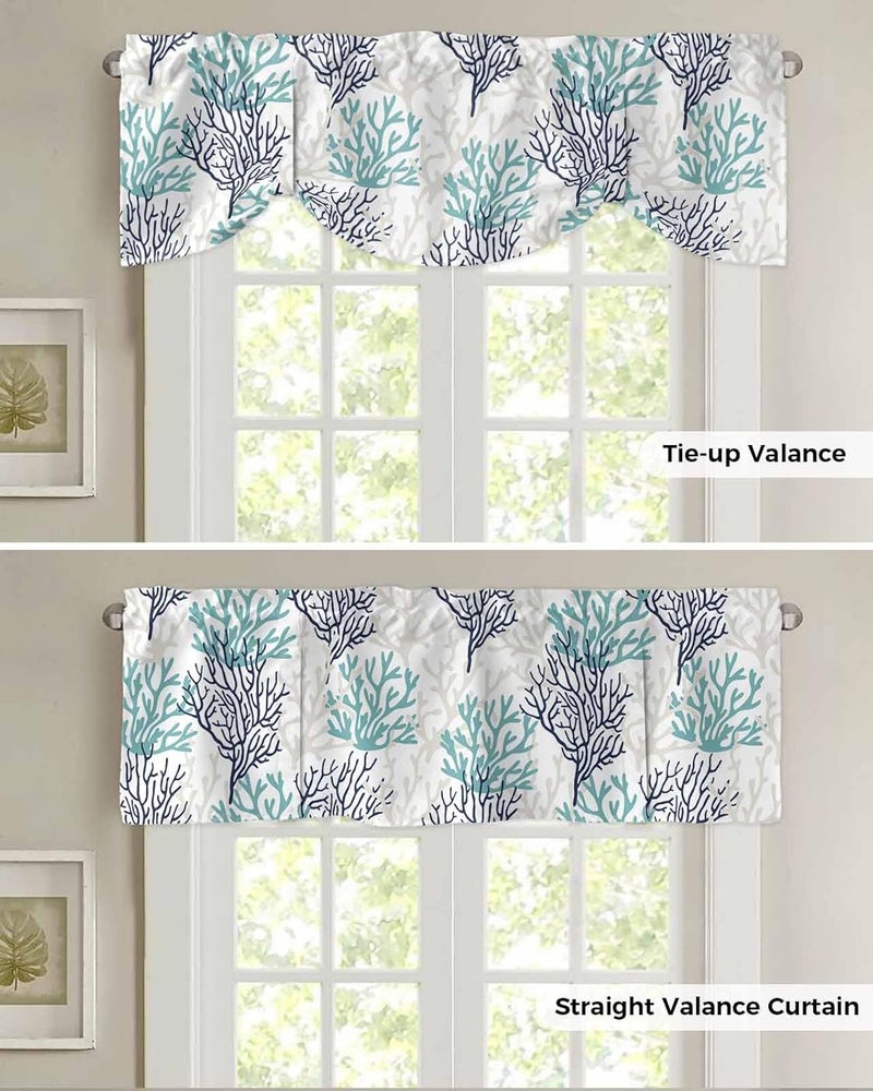 RisQiten Teal Blue Grey Coral Coastal Tie Up Valance Curtains for Windows, Summer Beach Kitchen Curtains Window Treatments, Sea Nautical Short Window Shades Valances for Bedroom Bathroom Cafe 54"x18" - Image 5